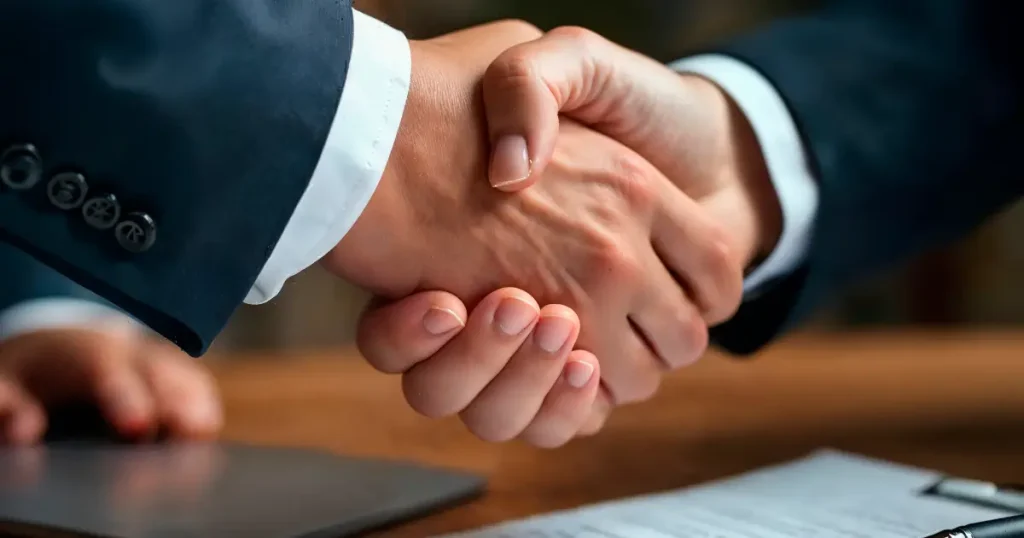 Empresarios contentos al cerrar un contrato con la ayuda del seguro de cumplimiento en seguro.com.co